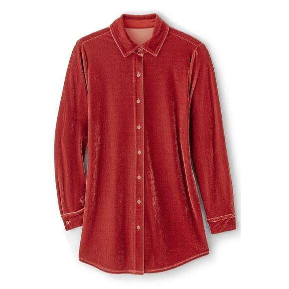 Soft Surroundings Velvet Boyfriend Tunic Button Up Shirt Garnet Red Cozy Luxe L - Picture 2 of 16